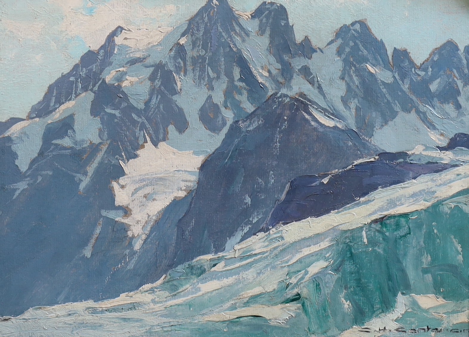 Charles-Henri Contencin (French, 1898-1955), 'Pelvoux et Glacier Blau', oil on board, 23 x 31cm